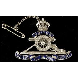 A Royal Artillery "Sweetheart" brooch, decorated with enamel and set with diamonds, stamped 18ct...