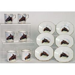A set of six Royal Crown Derby C Gresley horse enamelled coffee cans and saucers, printed and pai...