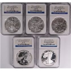 2011 25TH ANNIVERSARY AMERICAN SILVER EAGLE SET NGC PF/MS 70 - 5 COIN SET