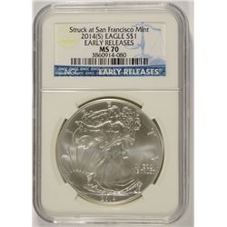 2014 (S) AMERICAN SILVER EAGLE DOLLAR NGC MS 70 EARLY RELEASE