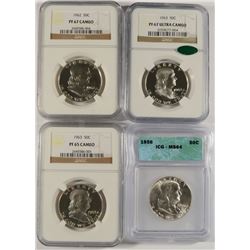 4 FRANKLIN HALF DOLLARS: 1956 ICG MS 64, 1962 NGC PF 67 CAMEO, 1963 PR 65 CAMEO,