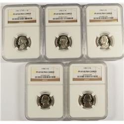 5 JEFFERSON NICKELS ALL NGC PF 69 U.C.: 1980-S, 1981-S T-1, 1982-S, 1983-S, &