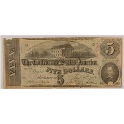 1863 $5 CONFEDERATE STATES OF AMERICA NOTE (T-60) VG