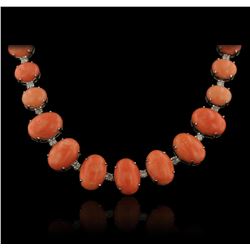 14KT White Gold 75.33ctw Coral and Diamond Necklace