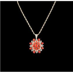 14KT Yellow Gold 19.87ctw Red Coral & Diamond Pendant with Chain