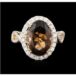 14KT Yellow Gold 5.40ct Smokey Topaz and Diamond Ring