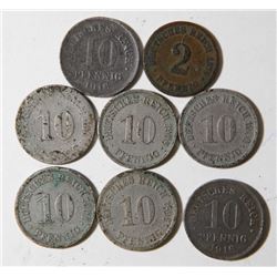 1875-1910 Lot of 8 German Coins 10 & 2 Peening Deutches