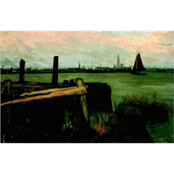Edmond LeMoine 1877-1922 SAQ La Ville et la Port D'Anvers Oil on canvas Signed; titled o...
