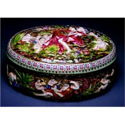 A Fine Capo di Monte Porcelain Box, 19th century, The hinged ovular dome shaped cover opening to...