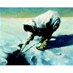 Gabriel Gely, Born 1924, Inuit man at a seal hole, Oil on canvas, Signed, 20 x 24 in, 50.8...
