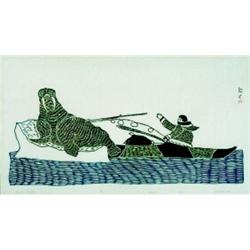 Pootoogook Kananginak, Born 1935, Cape Dorset, Kayak Hunter, Three colour stone cut, Signed,...