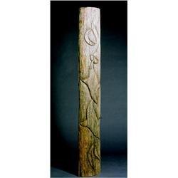 A West Coast Indian Carved Post, Signed "Swain", The weatheres cedar post carved with two orcas...