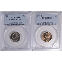 2 JEFFERSON NICKELS 1939 REV. OF 40, 47-D PCGS MS-65