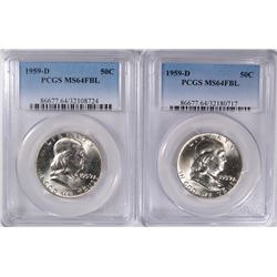 ( 2 ) 1959-D FRANKLIN HALF DOLLARS, PCGS MS-64 FBL
