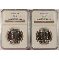 ( 2 ) NGC GRADED 1967 SMS KENNEDY HALF DOLLARS:  ( 1 ) MS-65 & ( 1 ) MS-66