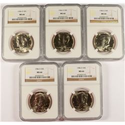 LOT OF ( 5 ) 1986-D KENNEDY HALF DOLLARS, NGC MS-66