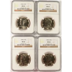 LOT OF ( 4 ) 1988-D KENNEDY HALF DOLLARS, NGC MS-66