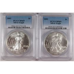 2002 & 2003 AMERICAN SILVER EAGLES, PCGS MS-69