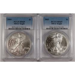 2003 & 2004 AMERICAN SILVER EAGLES, PCGS MS-69