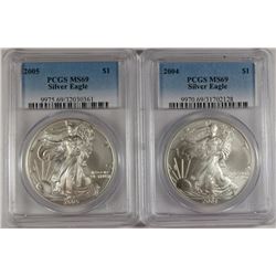 2004 & 2005 AMERICAN SILVER EAGLES, PCGS MS-69