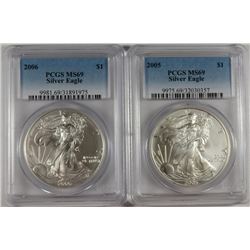 2005 & 2006 AMERICAN SILVER EAGLES, PCGS MS-69