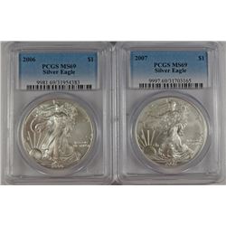 2006 & 2007 AMERICAN SILVER EAGLES, PCGS MS-69