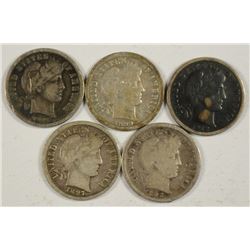 (5) BARBER DIMES (1892, 1897, 1899-O, 1903-O, 1912-D)