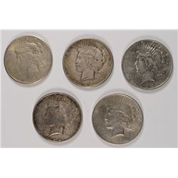 ( 5 ) CIRCULATED PEACE SILVER DOLLARS: 1922 P,D & S,  1923-P AND 1923-S