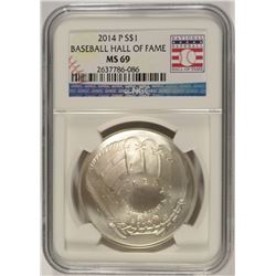 2014 BASEBALL HALL OF FAME COMMEMORATIVE SILVER DOLLAR, NGC MS-69