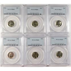 LOT OF ( 6 ) 1961 ROOSEVELT DIMES, PCGS PROOF-68!