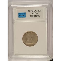 1875-CC 20-CENT PIECE, CCGS AU-58 RARE!
