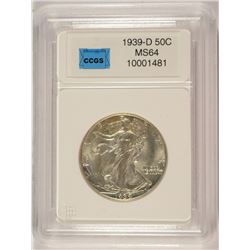 1939-D WALKING LIBERTY HALF DOLLAR, CCGS MS64