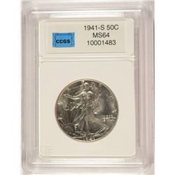 1941-S WALKING LIBERTY HALF DOLLAR, CCGS MS-64