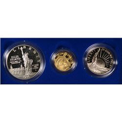 1986 STATUE OF LIBERTY 3 PIECE SET WITH BOX AND CERT.