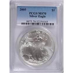 2005 AMERICAN SILVER EAGLE, PCGS MS-70 RARE LISTS IN PCGS PRICE GUIDE AT $700.00