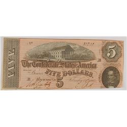 1864 $5 CONFEDERATE STATES OF AMERICA NOTE (T-69) XF/AU