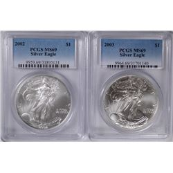 2002 & 2003 AMERICAN SILVER EAGLES, PCGS MS-69