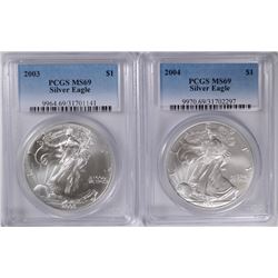 2003 & 2004 AMERICAN SILVER EAGLES, PCGS MS-69