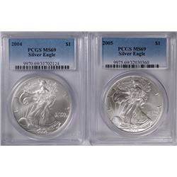 2004 & 2005 AMERICAN SILVER EAGLES, PCGS MS-69