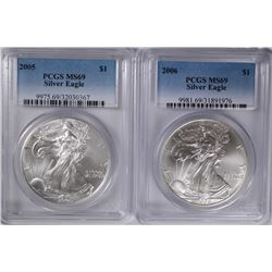 2005 & 2006 AMERICAN SILVER EAGLES, PCGS MS-69