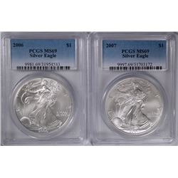 2006 & 2007 AMERICAN SILVER EAGLES, PCGS MS-69