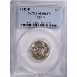 1942-P TYPE 2 SILVER JEFFERSON NICKEL PCGS MS-66 FS