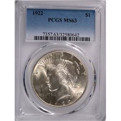 1922 PEACE SILVER DOLLAR, PCGS MS-63