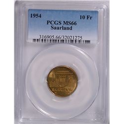 1954 SAARLAND 10 FRANKEN, PCGS MS-66 RARE!!