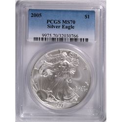 2005 AMERICAN SILVER EAGLE, PCGS MS-70 RARE LISTS IN PCGS PRICE GUIDE AT $700.00