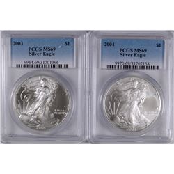 2003 & 2004 AMERICAN SILVER EAGLES, PCGS MS-69