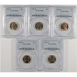 ( 5 ) 1953-D JEFFERSON NICKELS, PCGS MS-65 GEMS