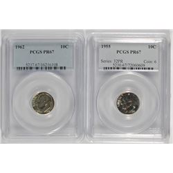 1955 & 1962 ROOSEVELT DIMES, PCGS PROOF-67
