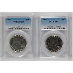 ( 2 ) 1961 FRANKLIN HALF DOLLARS, PCGS PROOF-65