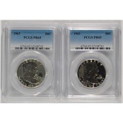 ( 2 ) 1963 FRANKLIN HALF DOLLARS, PCGS  PROOF-65